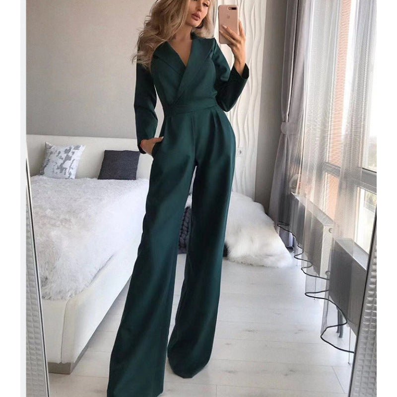 Damen eleganter Jumpsuit mit langem Bein und klassischem Schauspielkragen Amawinc