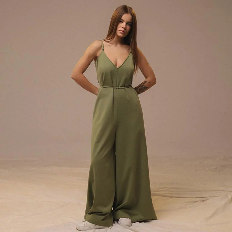 Combinaison Femme Ample Sans Manches Col V Ceinture À Nouer En Lin Mélangé Jambes Évasées