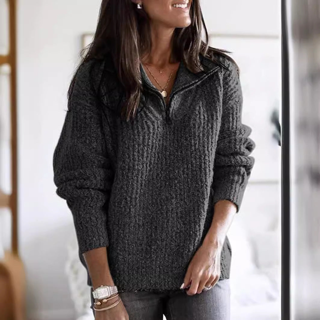 Veste Pull Femme Maille Côtelée Demi Zip Coupe Décontractée Manches Longues Chic
