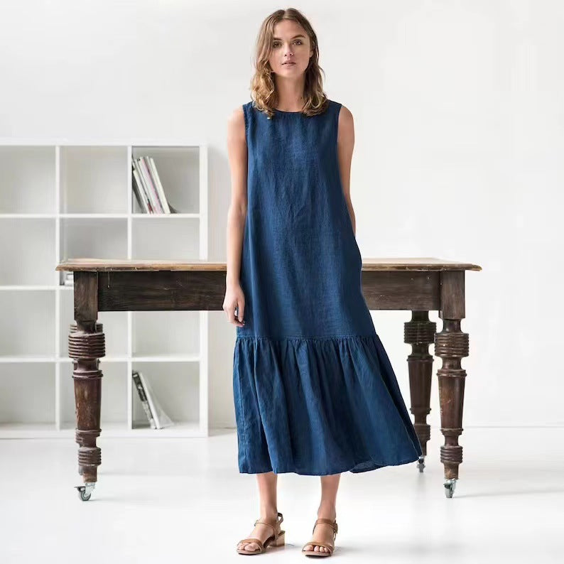 Robe Midi Femme Sans Manches Lin Mélange Viscose Coton Bordure Volante Pour Tous Les Jours