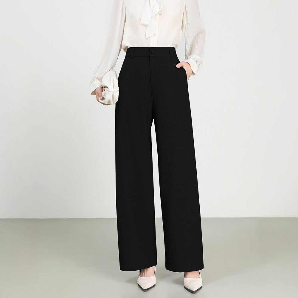 Pantalon Femme Taille Haute En Mélange Laine Coton Coupe Ample Look Professionnel