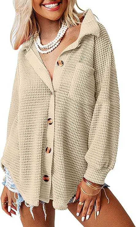 Damen lässige Waffle-Hemdenjacke mit Knopfverschluss Amawinc