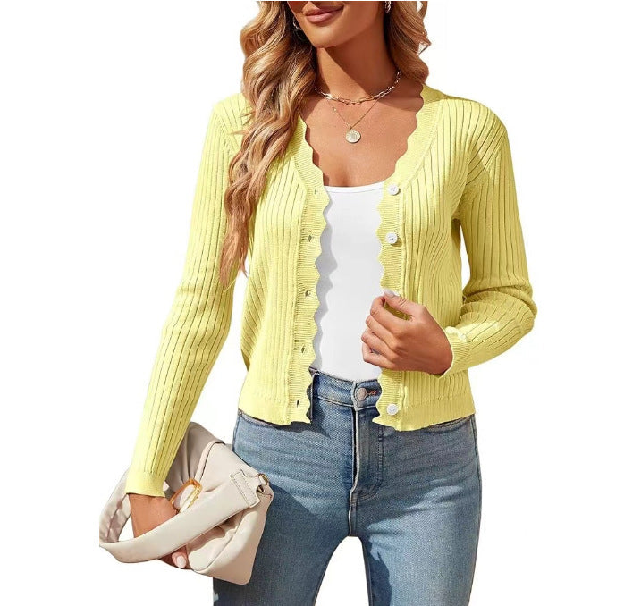 Damen elegante Strickjacke mit Wellenkante Amawinc