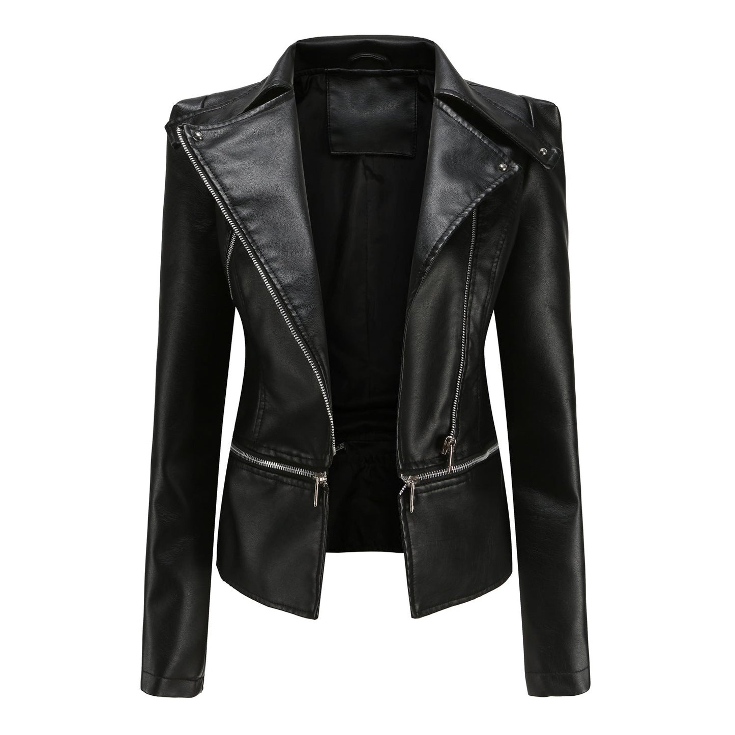 Damen stylische Bikerjacke mit asymmetrischem Reißverschluss und eingenähten Taschen Amawinc