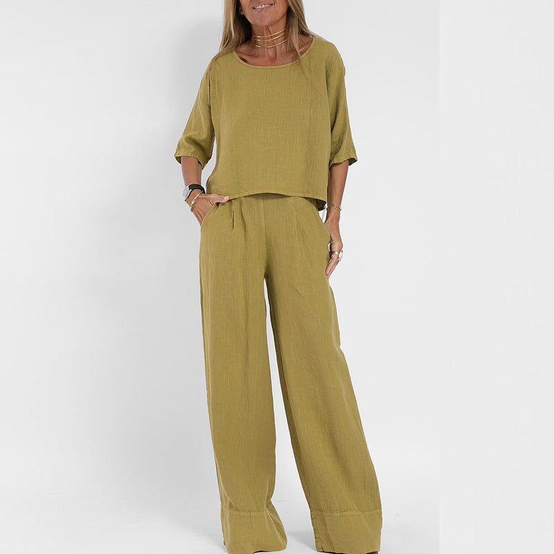 Ensemble Femme Lin Mélange Coupe Décontractée Haut Manches Courtes Pantalon Large
