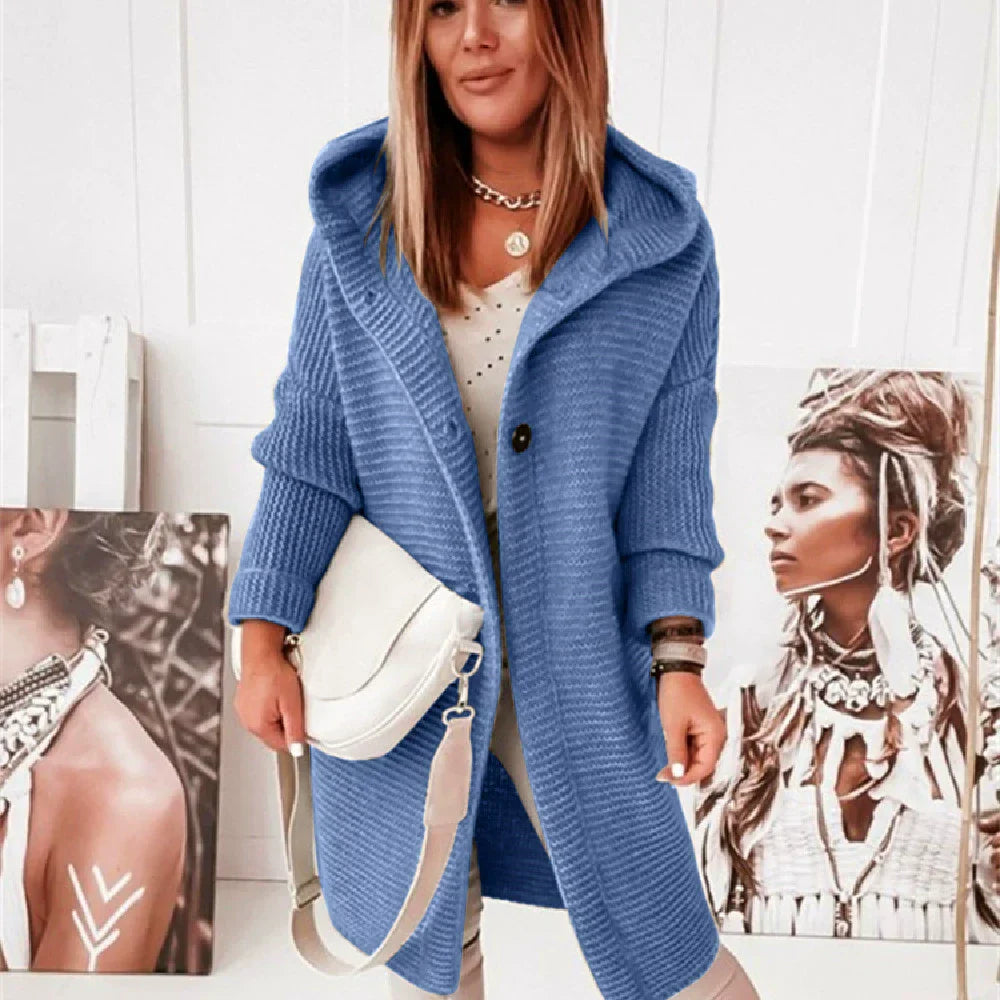 Cardigan à Capuche Femme Ample Longue Ligne Maille Côtelée Bouton Devant Épaules Tombantes