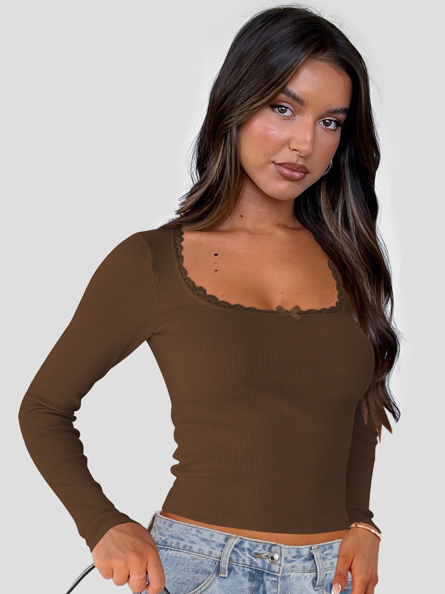 Damen Langarmoberteil mit feiner Spitzenkante und figurbetontem Schnitt Amawinc