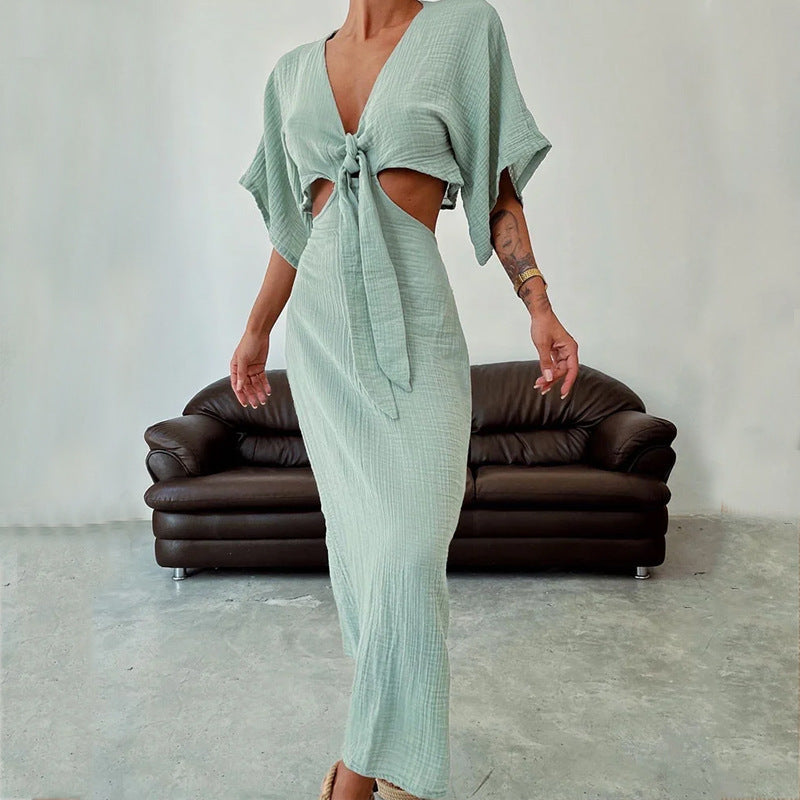 Robe Maxi Femme Slim Fit Décolleté En V Ouverture À La Taille Dos Nu Élégante Pour Événements