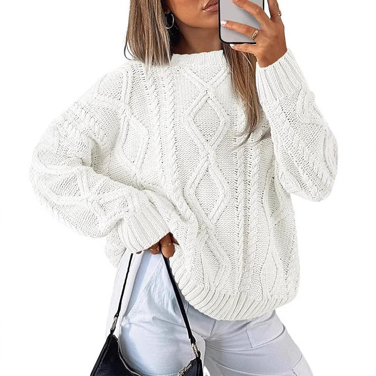 Damen Relaxed Strickpullover mit Zopfmuster Amawinc