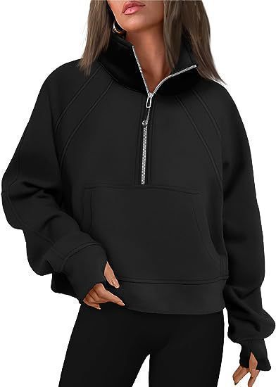 Damen kuscheliger Half-Zip Pullover mit Kapuze und Kängurutasche Amawinc