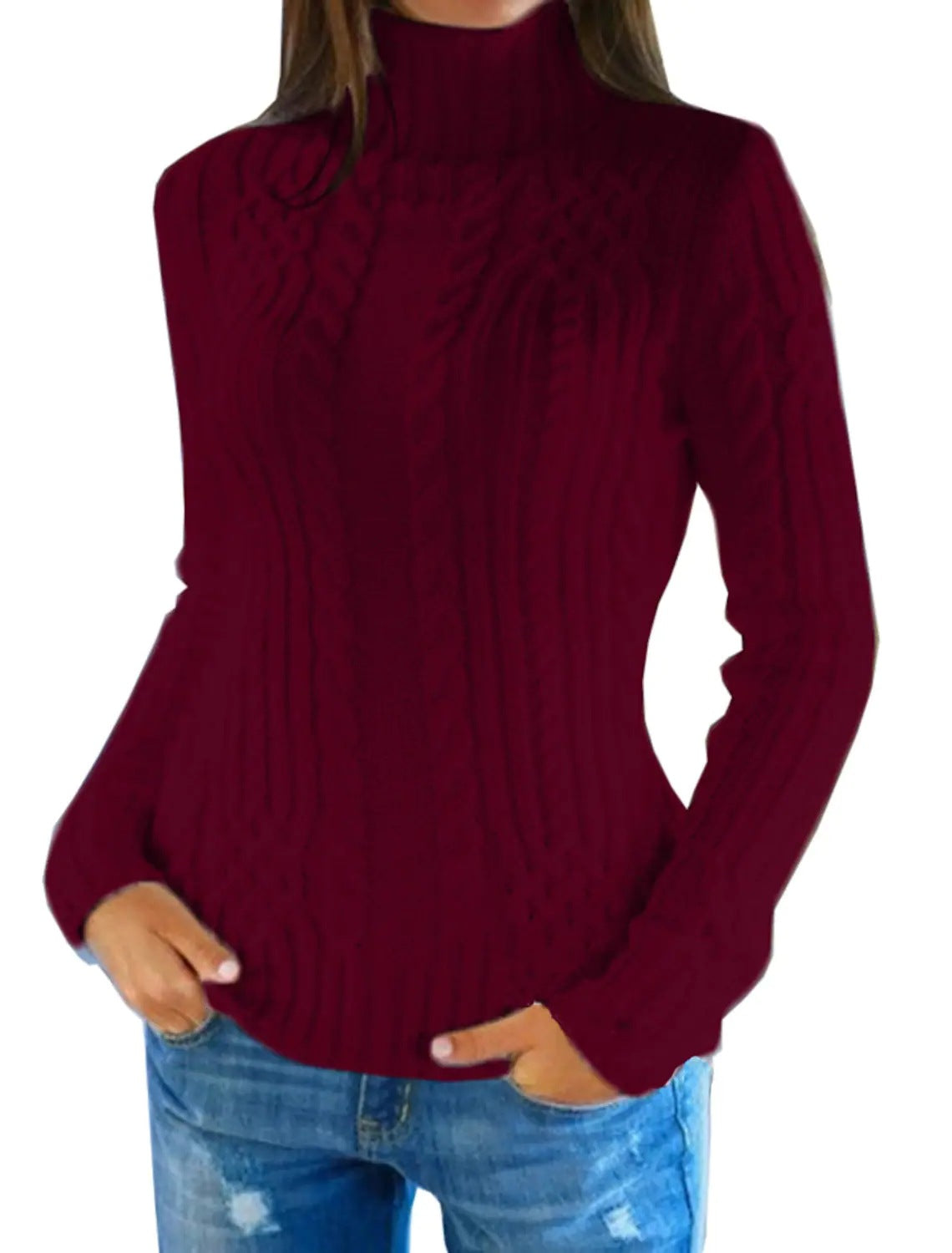 Damen Rolkragenpullover mit Zopfmuster und bequemer Passform Amawinc