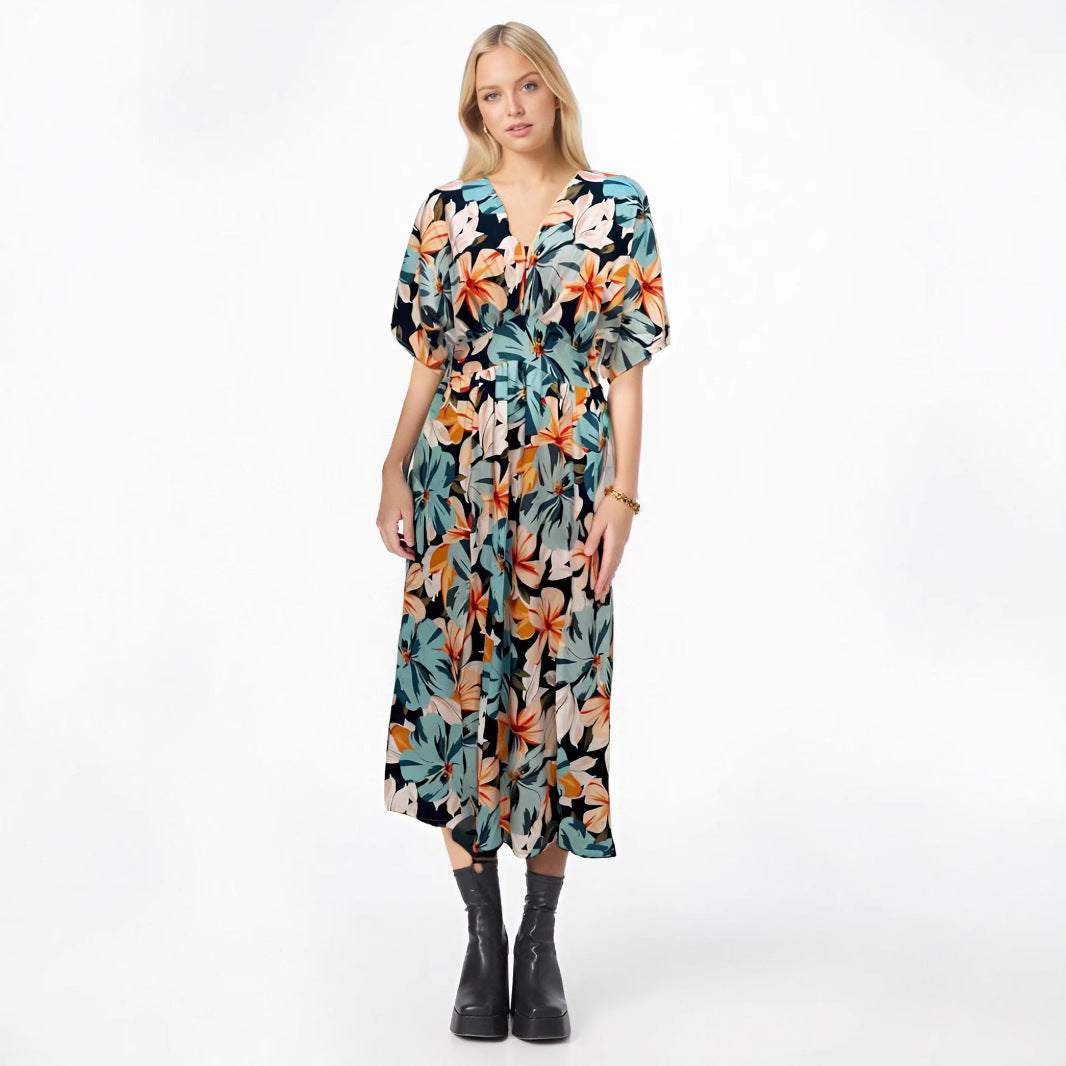 Robe Maxi À Fleurs Amawinc Taille Haute Col V Fente Décontractée Été Confort Respirant