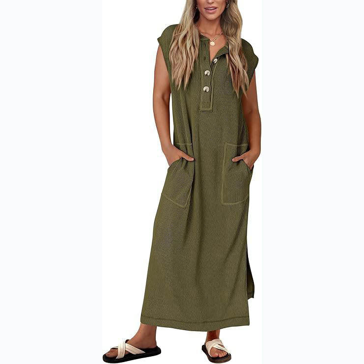 Robe Maxi Femme Coupe Décontractée Tissu Coton Lin Poches Latérales Manches Courtes