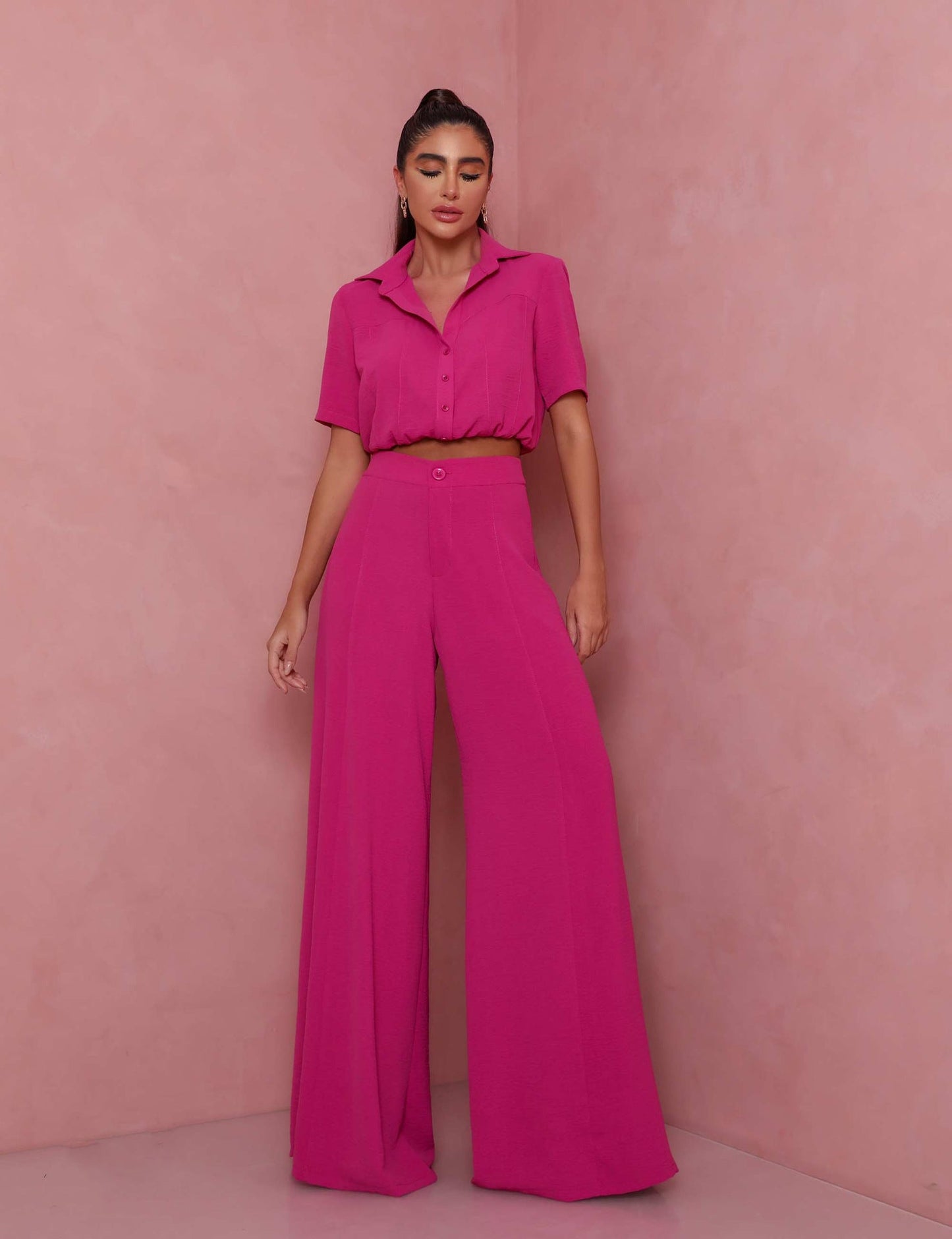 Damen Elegantes Kurzarm-Blusen und Palazzo-Hosen-Ensemble Amawinc