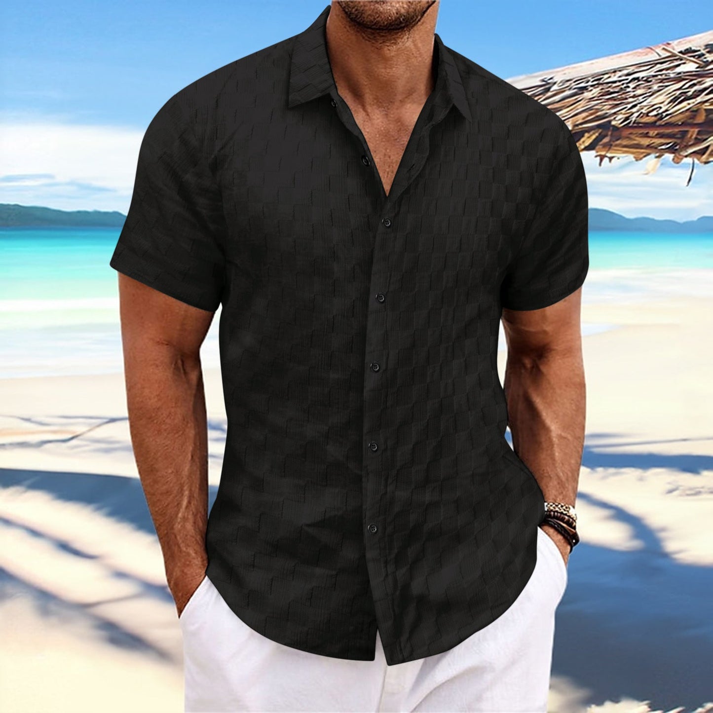 Chemise Décontractée Pour Homme Nordisk Flair Coupe Regular Manches Courtes Tissage Texturé Respirant Mélange Coton