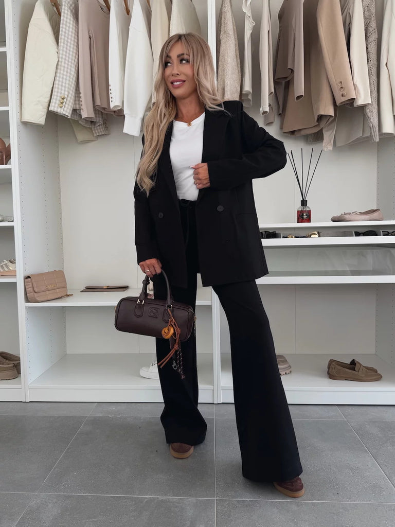 Ensemble Blazer Deux Pièces Femme Oversize À Double Boutonnage Avec Pantalon Taille Haute À Jambes Évasées