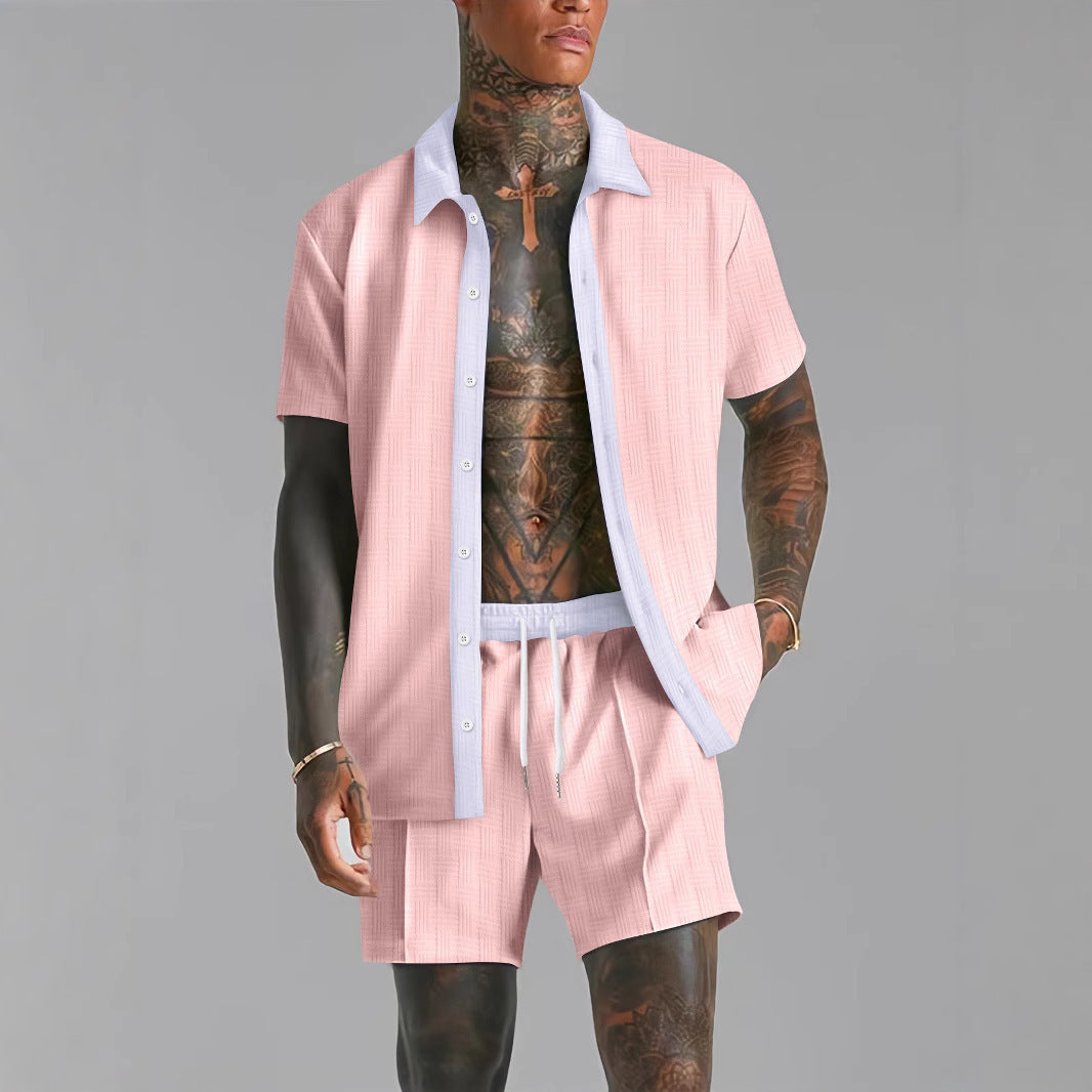 Ensemble Chemise Et Short Homme En Coton Mélangé Coupe Décontractée Fermeture À Boutons Taille Élastique