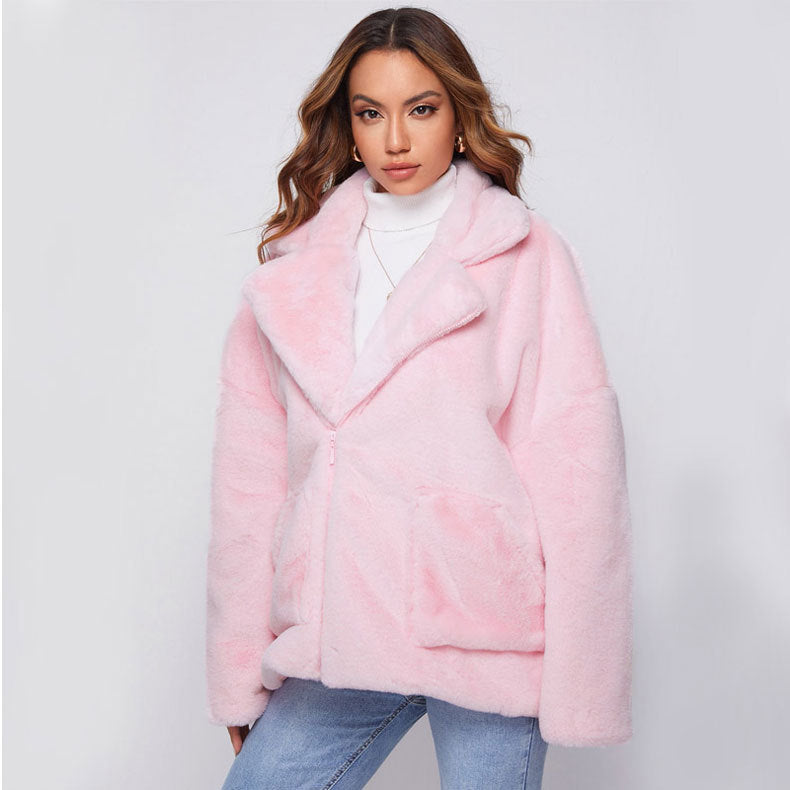 Damen Flauschige und stylische Freizeitjacke mit tiefem Reverskragen Amawinc