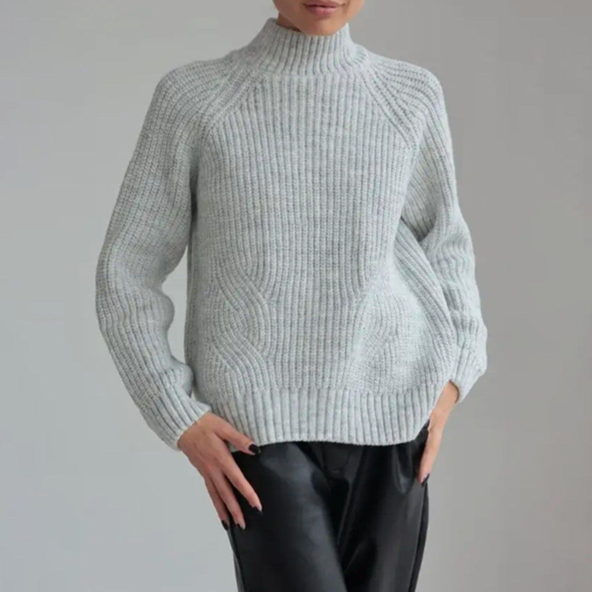 Pull Femme En Maille Mélange De Laine Col Roulé Décontracté Manches Raglan Maille À Côtes Taupe