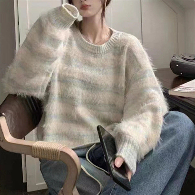 Damen Kuscheliger Strickpullover mit trendigem Farbverlauf und voluminösen Ärmeln Amawinc