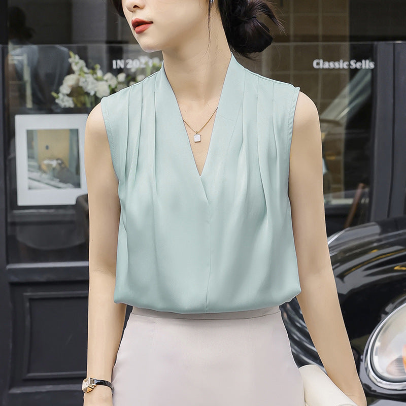 Blouse Plissée À Encolure En V Sans Manches Effet Drapé Satin Polyester Élégante
