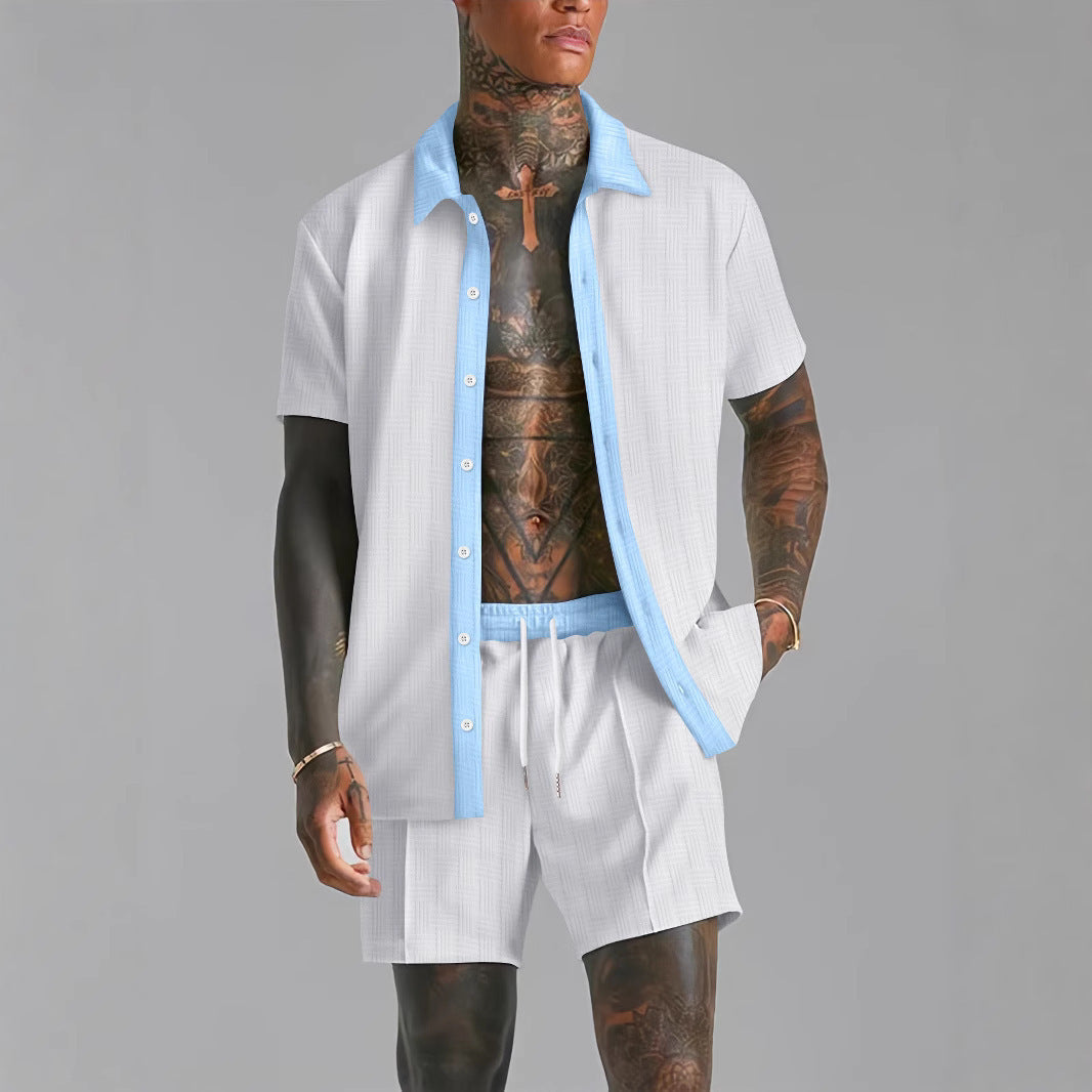 Ensemble Chemise Et Short Homme En Coton Mélangé Coupe Décontractée Fermeture À Boutons Taille Élastique
