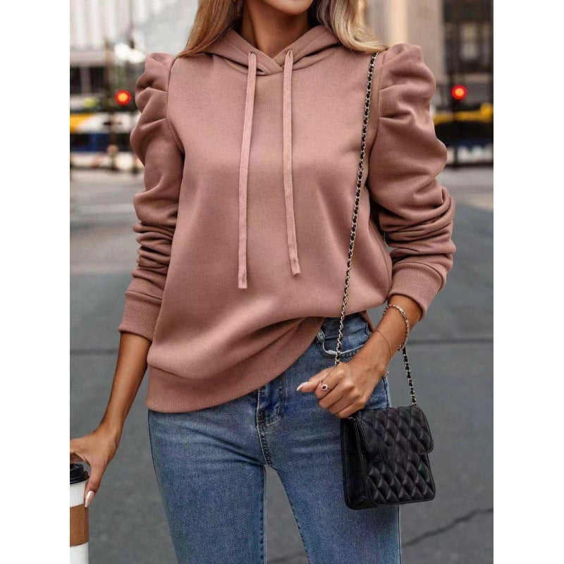 Damen modischer Kapuzenpullover mit Puffärmeln und praktischen Taschen Amawinc