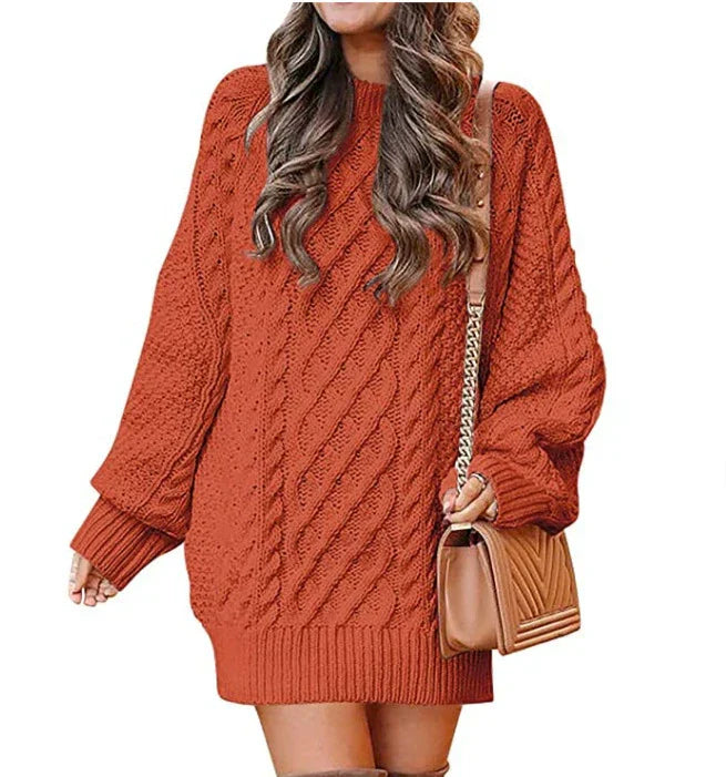 Robe Pull Femme En Mélange De Laine Tricot Cable Coupe Oversize Mi Longue Manches Longues