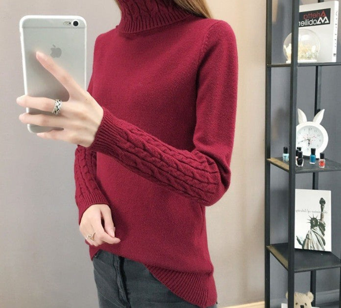 Damen Feinstrickpullover mit hohem Kragen und Zopfmuster Amawinc