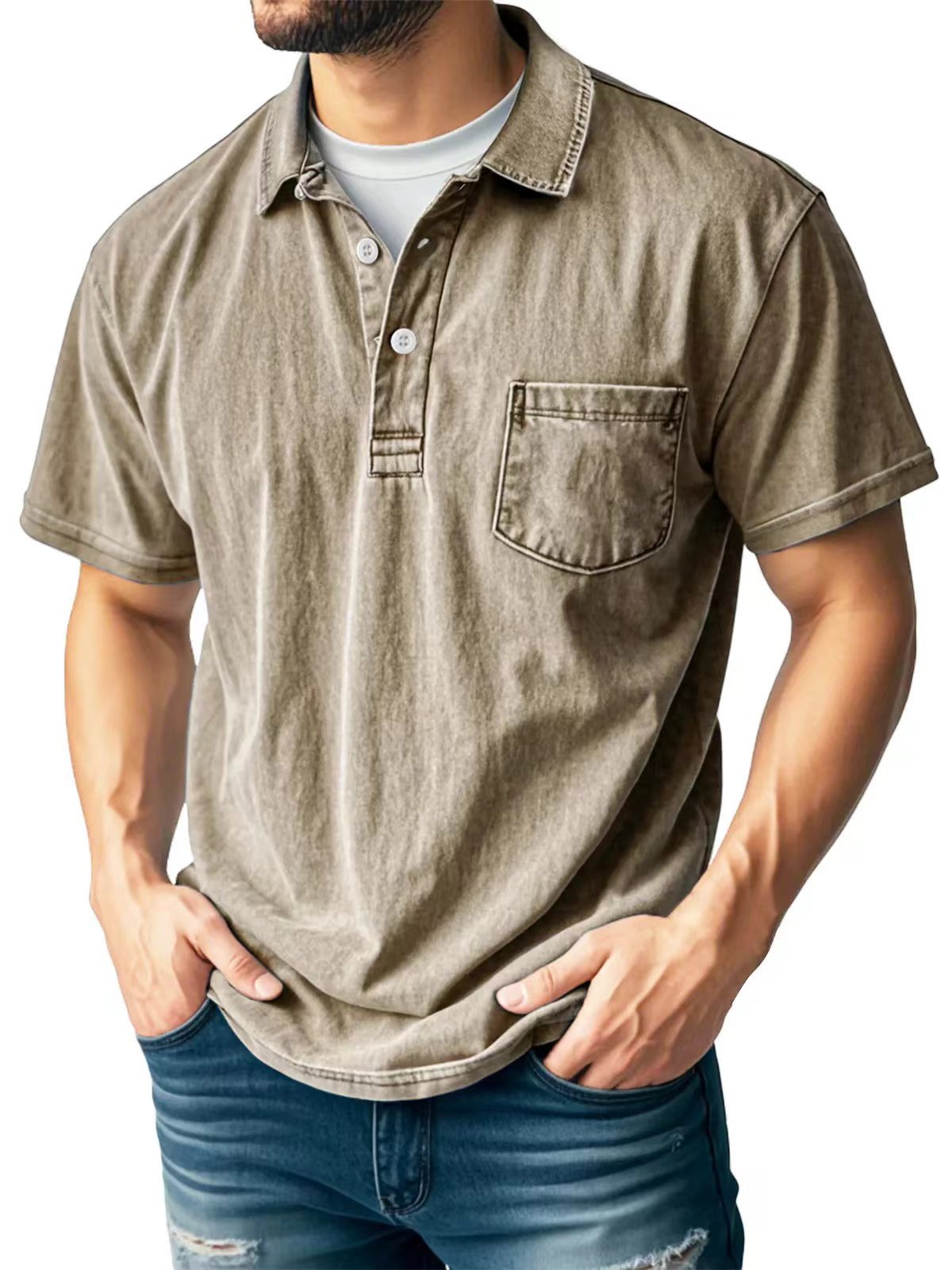 Polo Homme Vert Amawinc Poche Poitrine Respirant Manches Courtes Coupe Décontractée Été Casual
