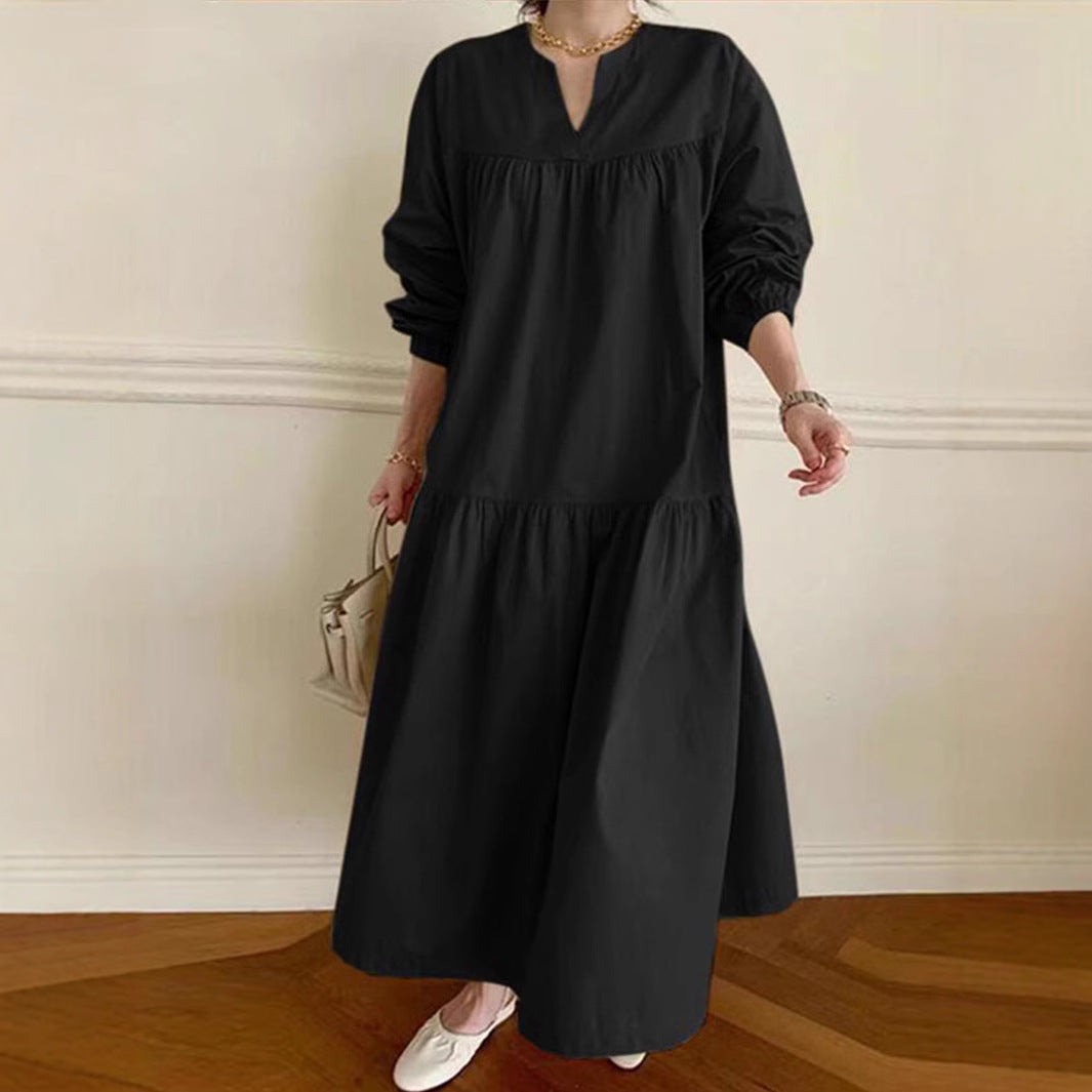 Robe Longue Femme En Mélange Coton Lin Oversize V Col Manches Bouffantes Confort Quotidien