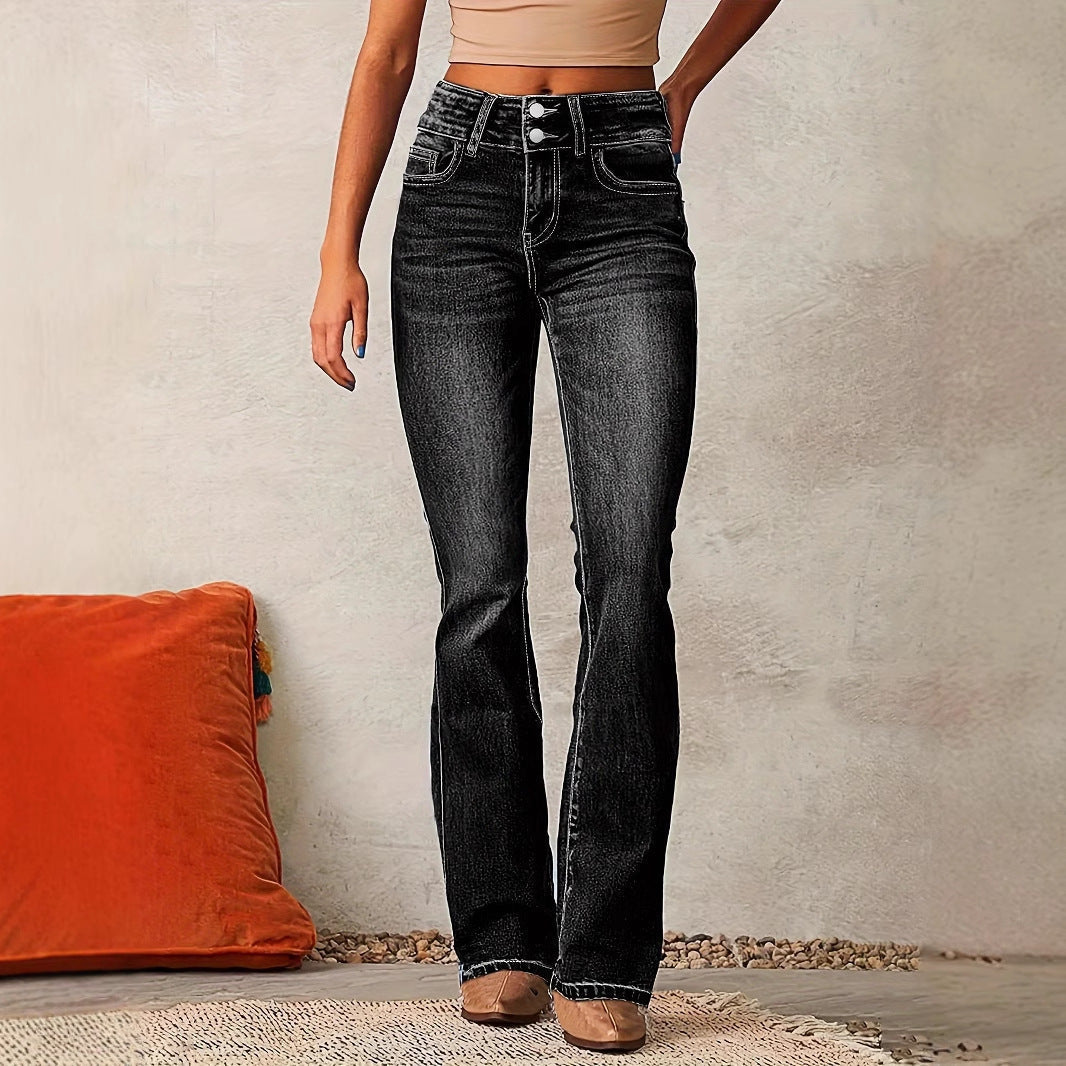 Jeans Femme Évasés Taille Haute Denim Stretch Longueur Totale Style Rétro Confortable