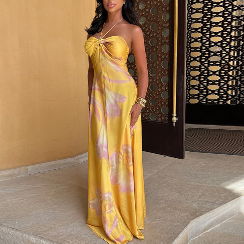 Robe Maxi Femme Effet Satiné Encolure Halterneck Bandeau Sans Bretelles Imprimé Floral