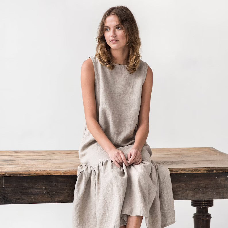 Robe Midi Femme Sans Manches Lin Mélange Viscose Coton Bordure Volante Pour Tous Les Jours