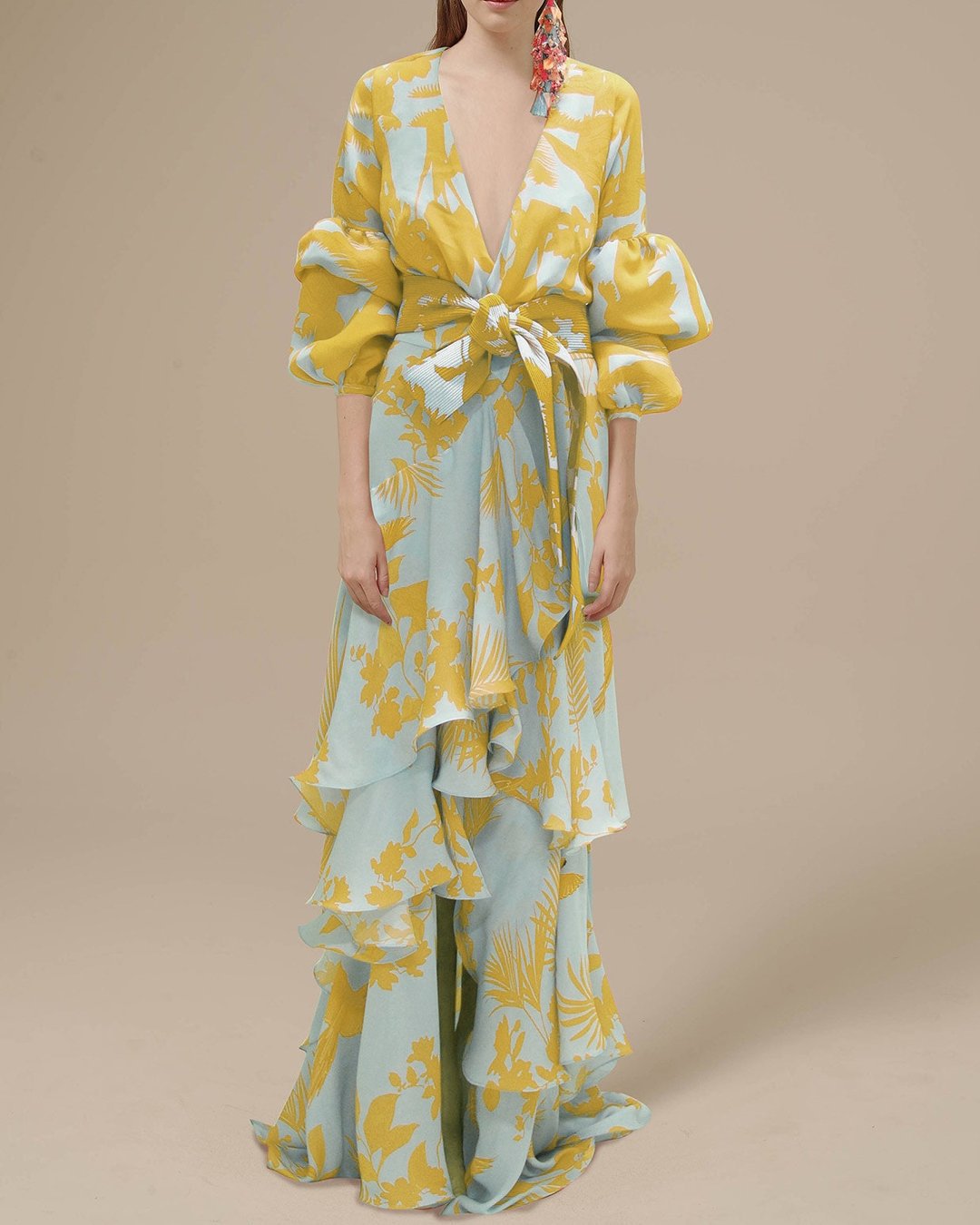 Robe Été Florale Maxi à Encolure V Manches Bouffantes Ceinture à la Taille Jupe Superposée Élégante