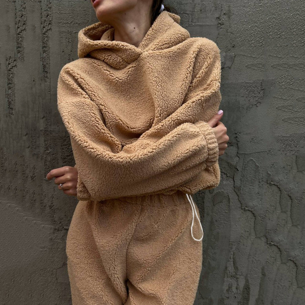 Damen gemütlicher Fleece-Jumpsuit mit elastischem Bund und Kapuze Amawinc