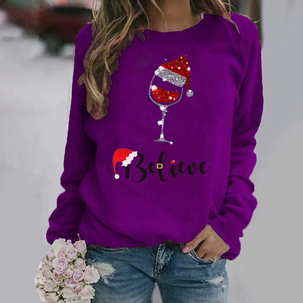Sweatshirt Femme Coupe Décontractée en Mélange Coton Col Ras du Cou Graphique Festif