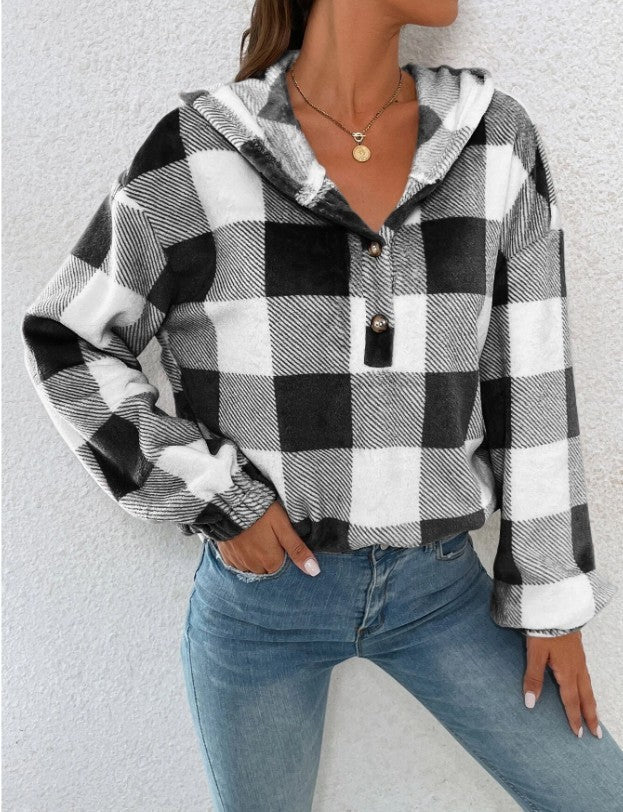 Damen Gemusterte Karo-Hoodie-Bluse Amawinc