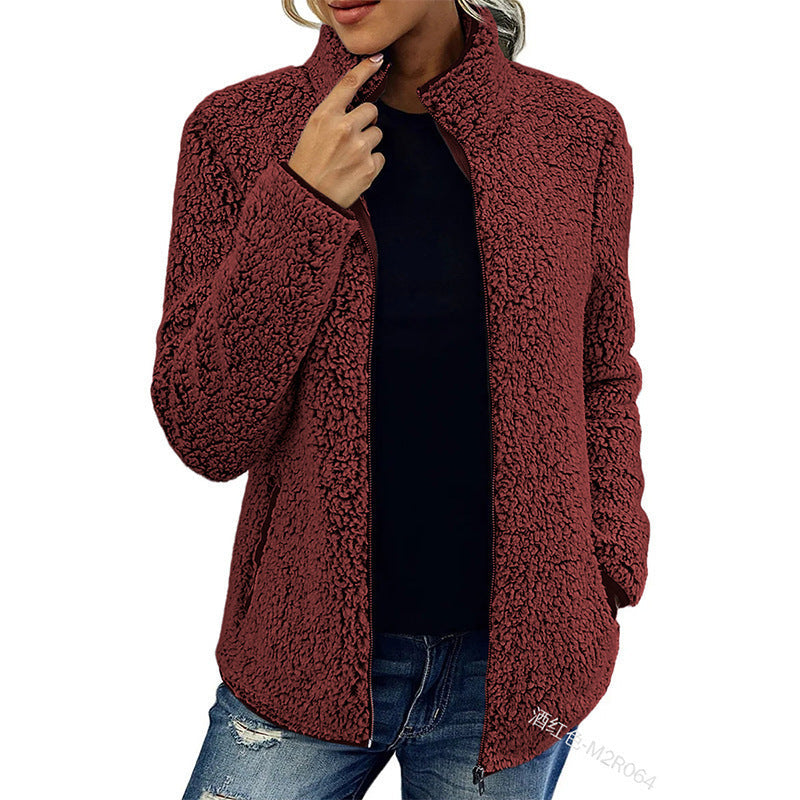 Damen flauschige Fleecejacke mit hohem Kragen und seitlichen Taschen Amawinc