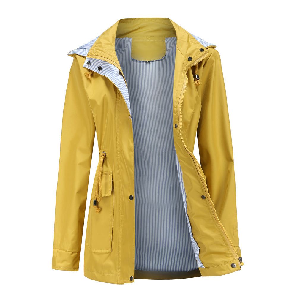 Damen Wetterfeste Regenjacke mit verstellbarem Kapuzenkragen und Taillenzug Amawinc