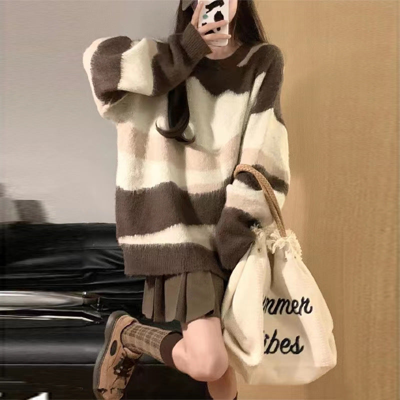 Damen Grobstrickpullover mit modischem Streifenmuster und lässigem Schnitt Amawinc