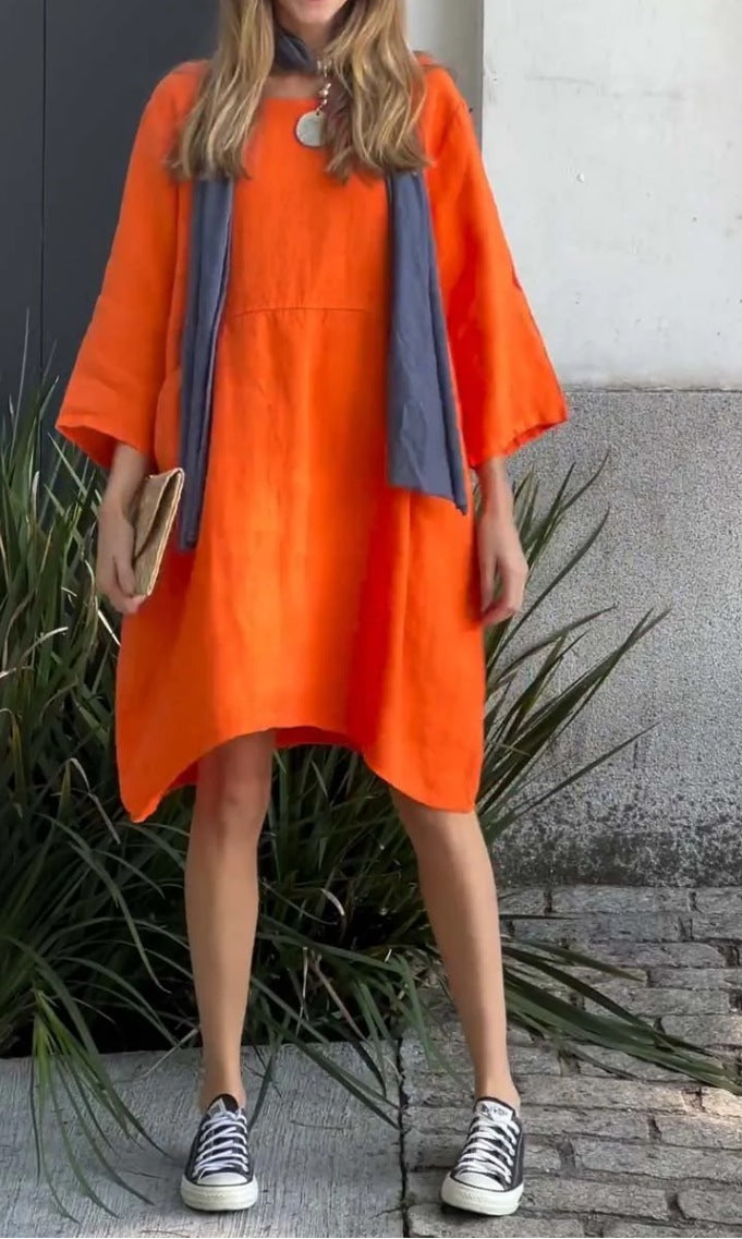 Damen lässiges Leinenkleid mit praktischen Taschen und asymmetrischem Saum Amawinc