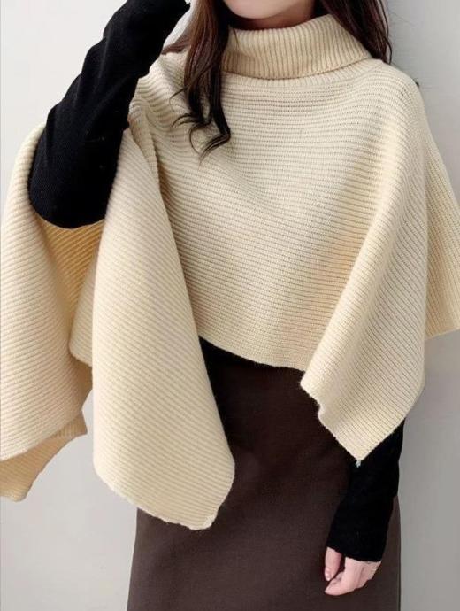 Damen Strickponcho mit hohem Kragen und asymmetrischem Schnitt Amawinc