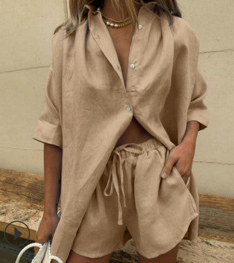 Damen lässiges Leinen-Pyjama-Set mit komfortablem Schnitt Amawinc