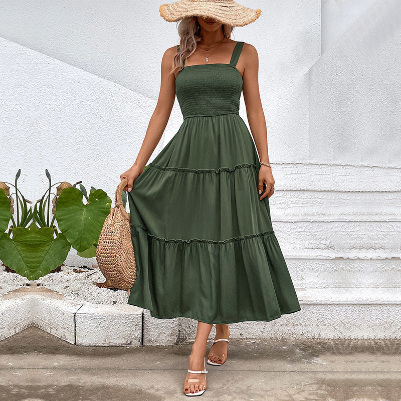 Robe Femme Sans Manches Amawinc Avec Corsage Smocké Coupe A Line Midi En Mélange Coton