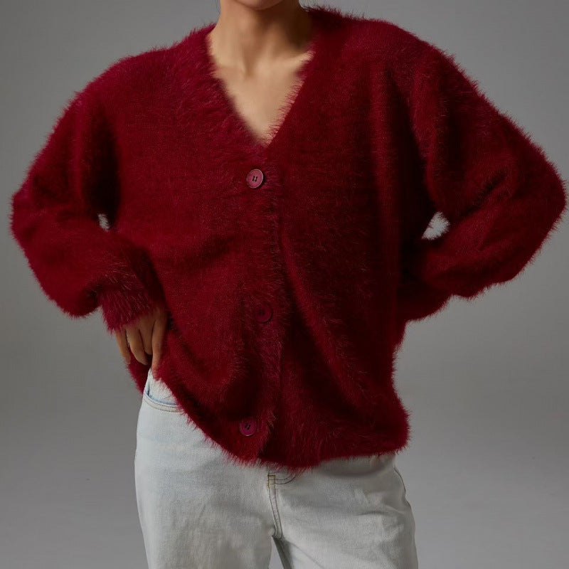 Damen flauschiger Cardigan mit V-Ausschnitt und übergroßem Schnitt Amawinc