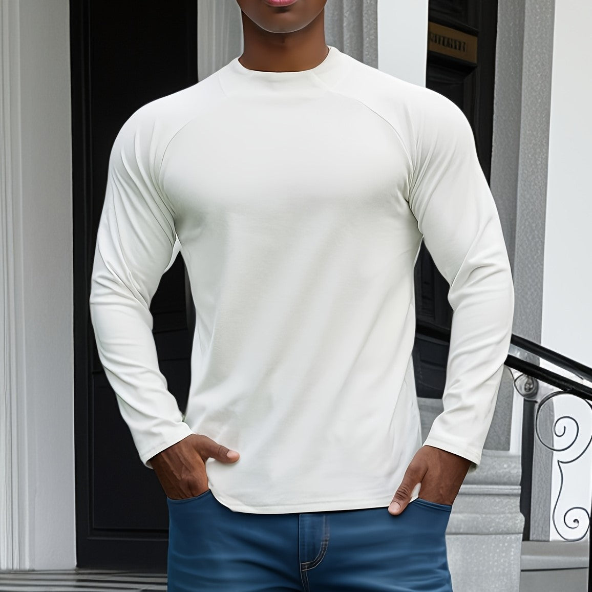 Amawinc Tee Shirt Homme Manche Longue Slim Fit Coton Élastique Doux Raglan Col Rond Confort Moderne