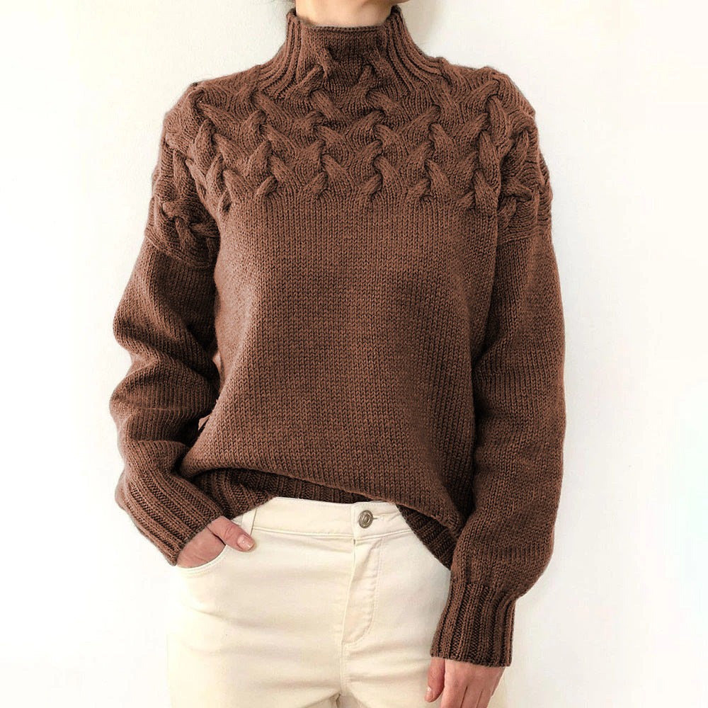 Damen Strickpullover mit hochgeschlossenem Kragen und trendigem Zopfmuster Amawinc