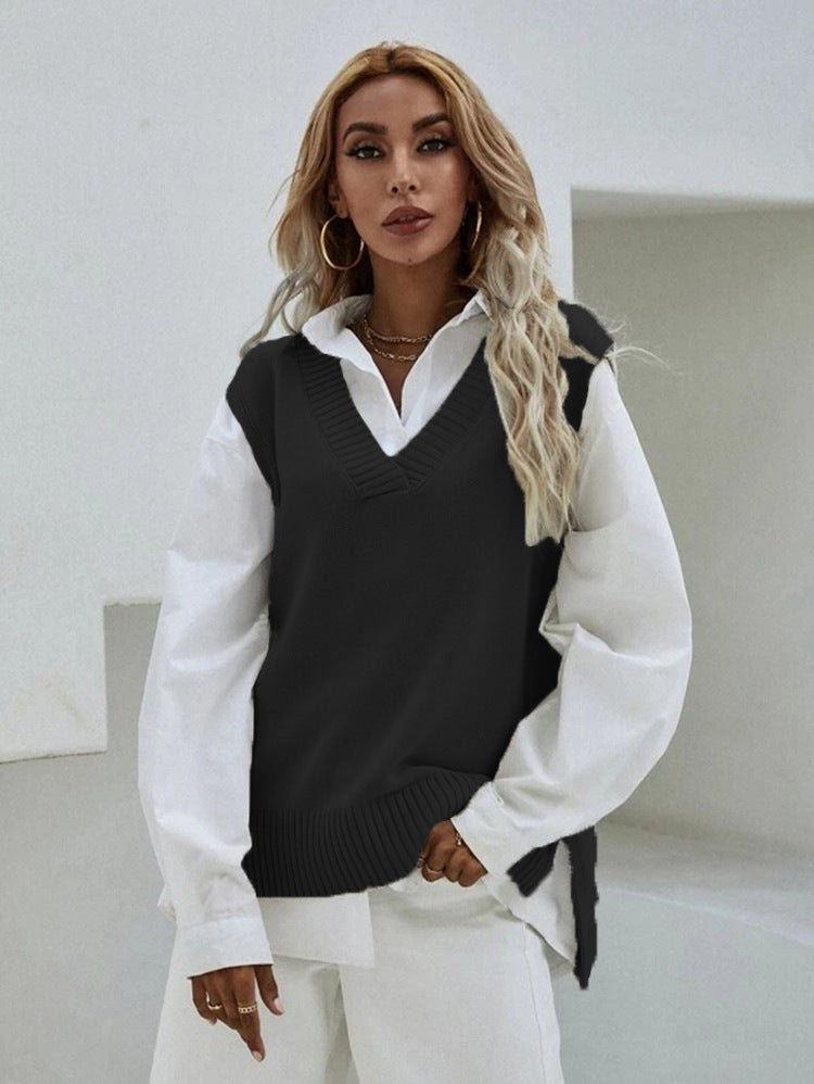 Damen Strickweste mit V-Ausschnitt und eleganter Rippenstruktur Amawinc