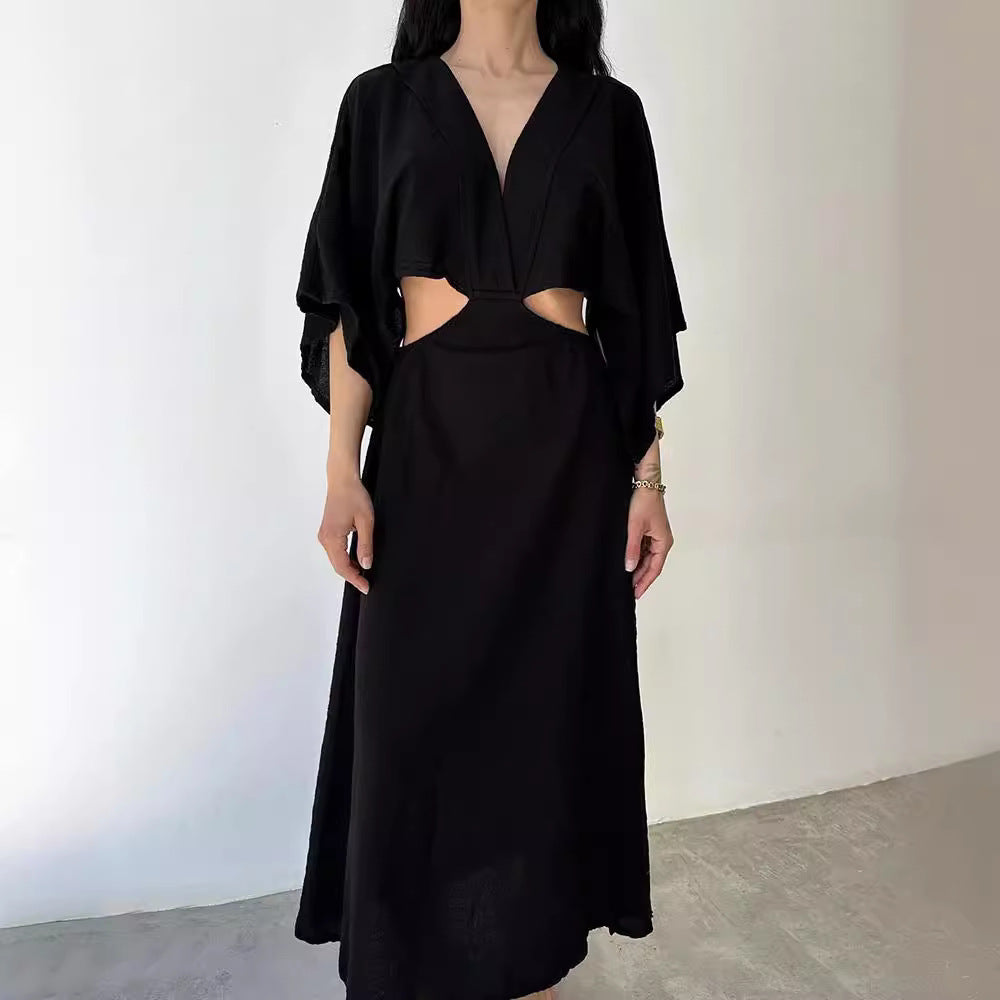 Robe Maxi Femme Slim Fit Amawinc Mélange Coton Lin Décolleté En V Fente Haute À La Taille Découpée